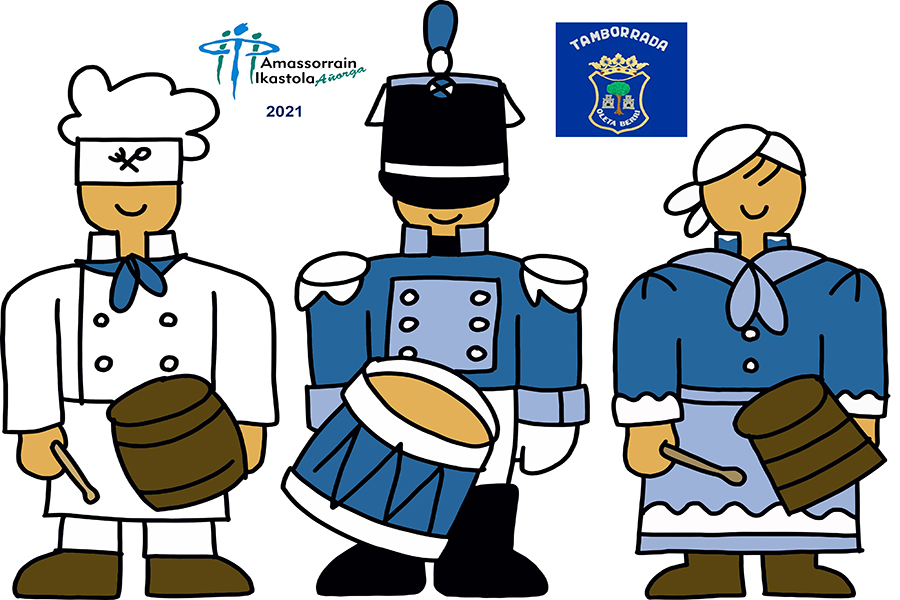 Imagen de la Tamborrada Infantil junto con los logos de las tamborradas de los personajes de 2025