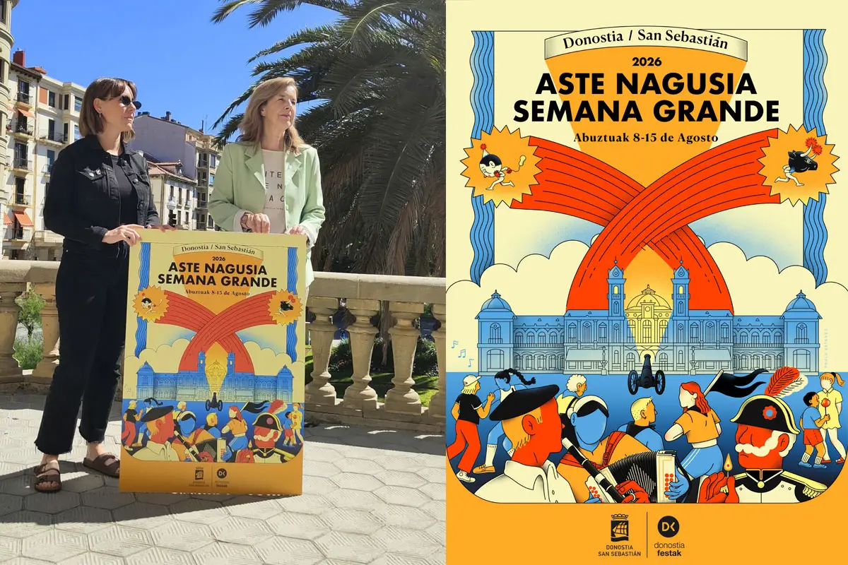 Ana López Loyarte, zinegotzia, eta Paula Estévez, kartelaren egilea, udaletxeko terrazan