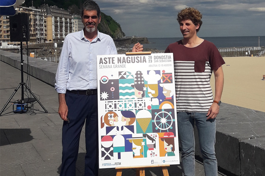 Eneko Goia y Jon Insausti con el cartel de la Semana Grande 2023