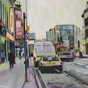 Parte de un cuadro de Iker García Barrenetxea. Una calle urbana con tráfico