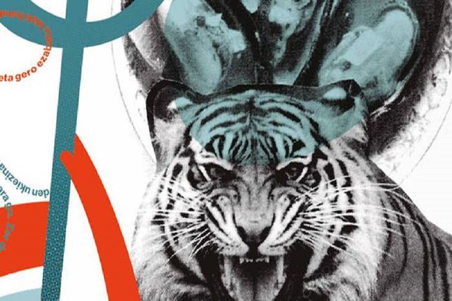 Un tigre con un plato de mejillones sobre la cabeza
