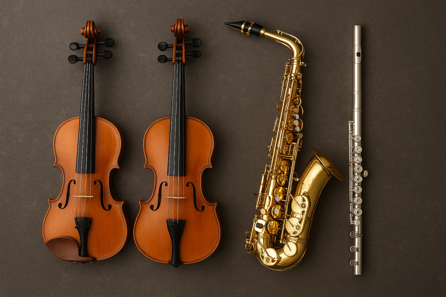 violín, viola, saxo y flauta y viola