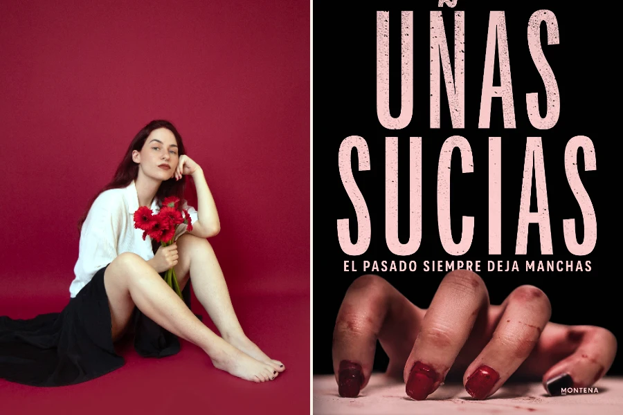 Júlia Salander y la portada de su libro Uñas sucias