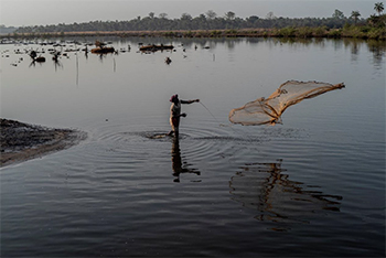 Persona pescando, lanzando una red en un lago