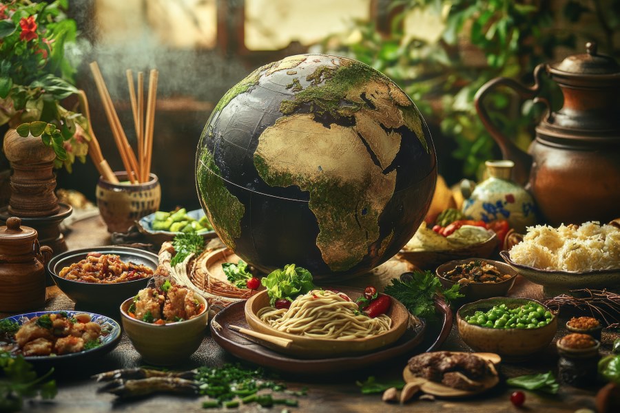 Platos de distintas partes del mundo alrededor de una bola del mundo