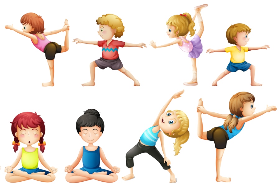 Zortzi haurren marrazkiak, yoga-jarrera desberdinak eginez