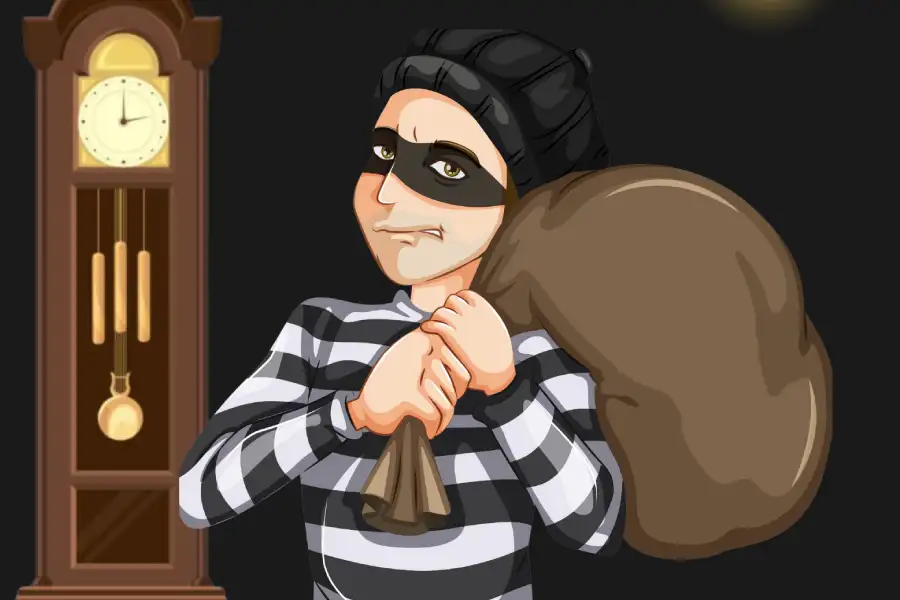 Dibujo de un ladron con una bolsa en la espalda y un reloj