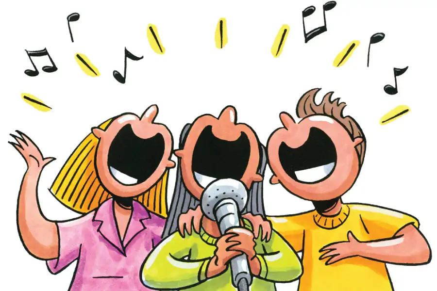 Un dibujo de tres personas cantando