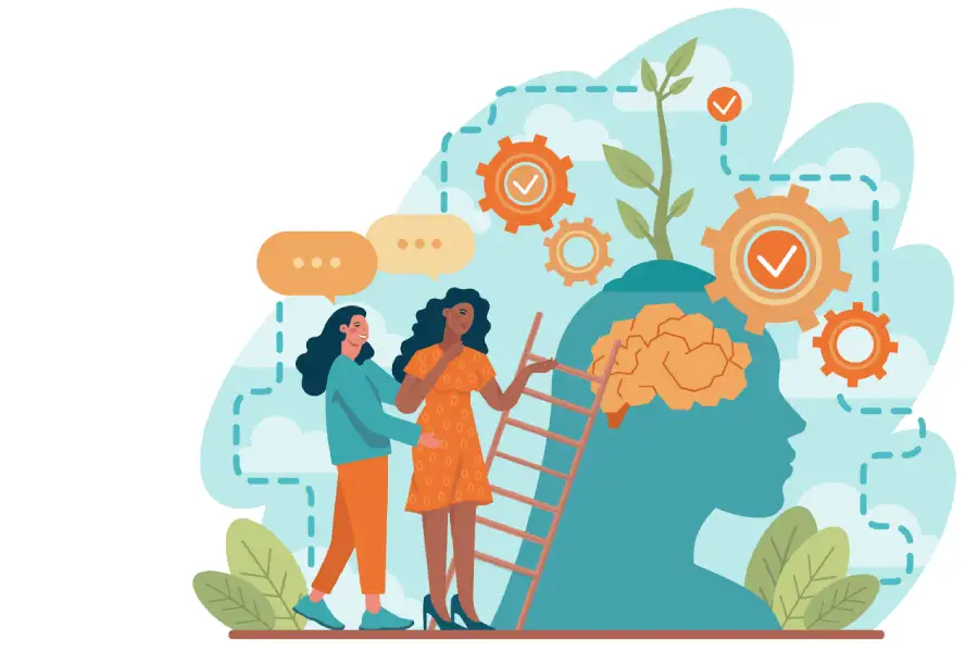Dos mujeres con un cerebro humano y elementos de engranajes y crecimiento.