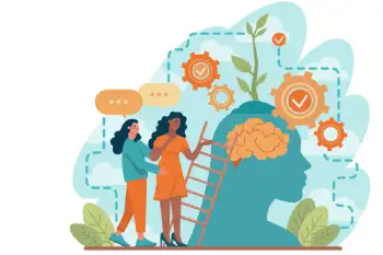 Dos mujeres con un cerebro humano y elementos de engranajes y crecimiento.