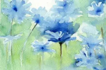 Flores azules pintadas sobre  lienzo