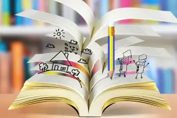 libro mágico abierto con hojas, un lápiz y un dibujo en el aire