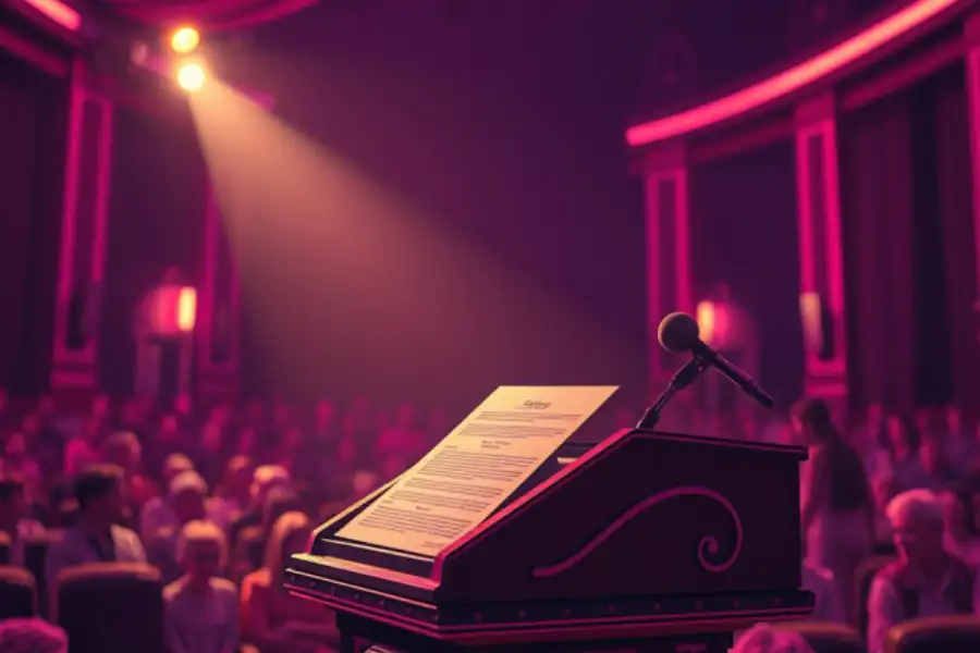 Un atril con un documento y un micrófono, iluminado por un foco, en un teatro con luces rosas.