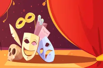 Una calavera, máscaras de teatro, un antifaz dorado, entradas y programas de teatro se encuentran sobre un escenario con cortinas rojas.